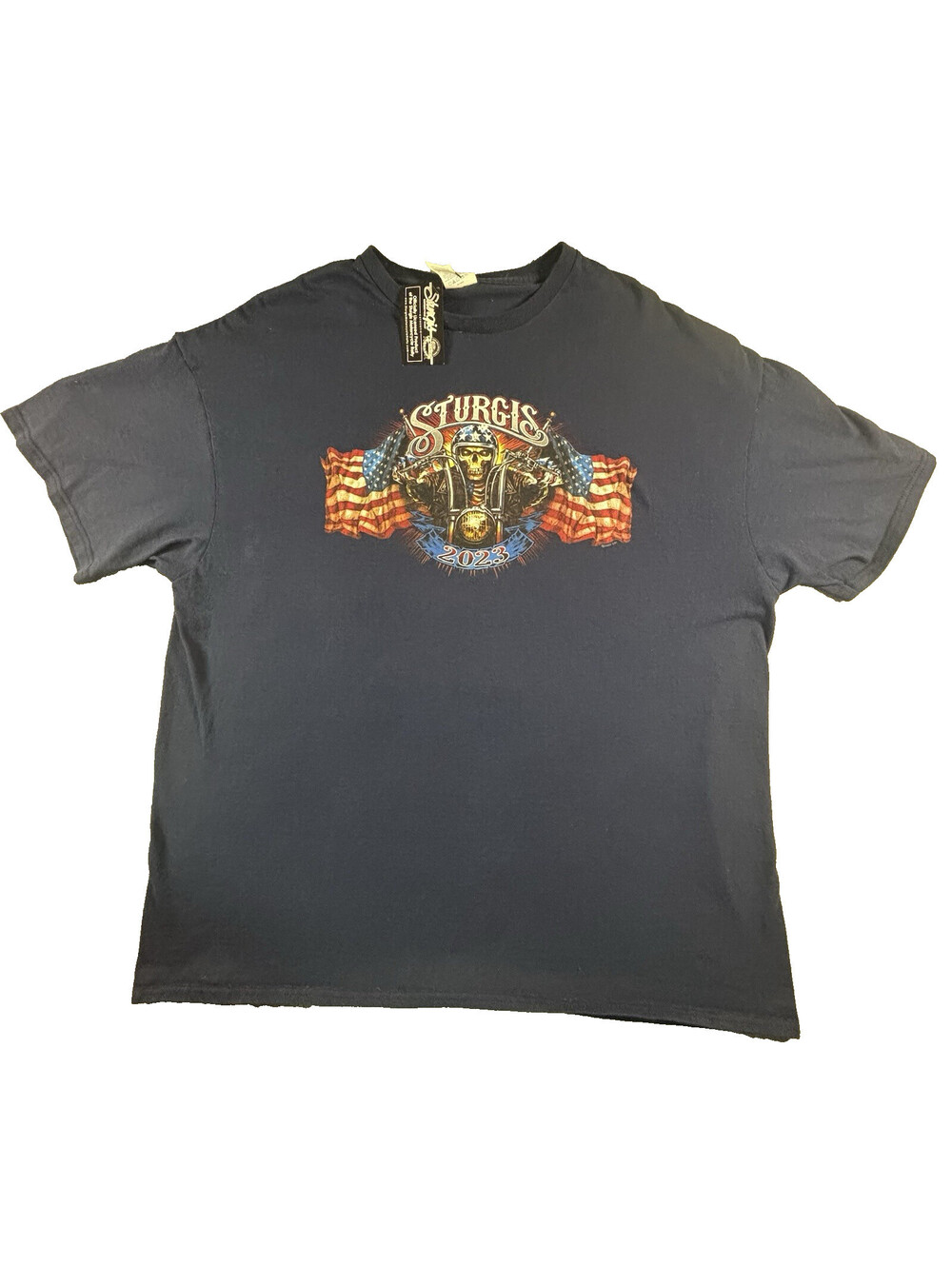 Sturgis Motorcycle Rally 2023 T Shirt 2XL Navy Blue Skull American Flag NWT
